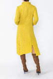 Mustard Mock Neck W/ Shirring Front Slit Uneven Hem 3/4 Sleeve Maxi Dress