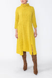 Mustard Mock Neck W/ Shirring Front Slit Uneven Hem 3/4 Sleeve Maxi Dress
