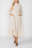 Sand Mock Neck W/ Shirring Front Slit Uneven Hem 3/4 Sleeve Maxi Dress