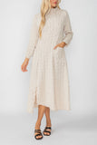 Sand Mock Neck W/ Shirring Front Slit Uneven Hem 3/4 Sleeve Maxi Dress