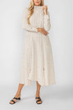 Sand Mock Neck W/ Shirring Front Slit Uneven Hem 3/4 Sleeve Maxi Dress