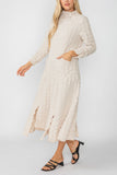 Sand Mock Neck W/ Shirring Front Slit Uneven Hem 3/4 Sleeve Maxi Dress