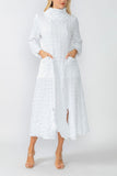 White Mock Neck W/ Shirring Front Slit Uneven Hem 3/4 Sleeve Maxi Dress