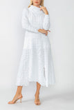 White Mock Neck W/ Shirring Front Slit Uneven Hem 3/4 Sleeve Maxi Dress