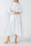 White Mock Neck W/ Shirring Front Slit Uneven Hem 3/4 Sleeve Maxi Dress