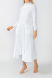 White Mock Neck W/ Shirring Front Slit Uneven Hem 3/4 Sleeve Maxi Dress