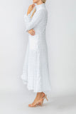 White Mock Neck W/ Shirring Front Slit Uneven Hem 3/4 Sleeve Maxi Dress