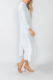 White Mock Neck W/ Shirring Front Slit Uneven Hem 3/4 Sleeve Maxi Dress