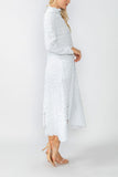 White Mock Neck W/ Shirring Front Slit Uneven Hem 3/4 Sleeve Maxi Dress