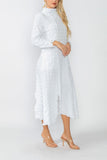 White Mock Neck W/ Shirring Front Slit Uneven Hem 3/4 Sleeve Maxi Dress