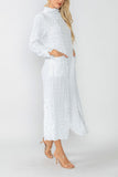 White Mock Neck W/ Shirring Front Slit Uneven Hem 3/4 Sleeve Maxi Dress