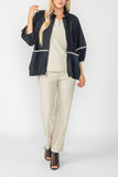 Black and Oyster Stretch Rouched Sleeve Rouched Stand Neck Zip-Up Jacket