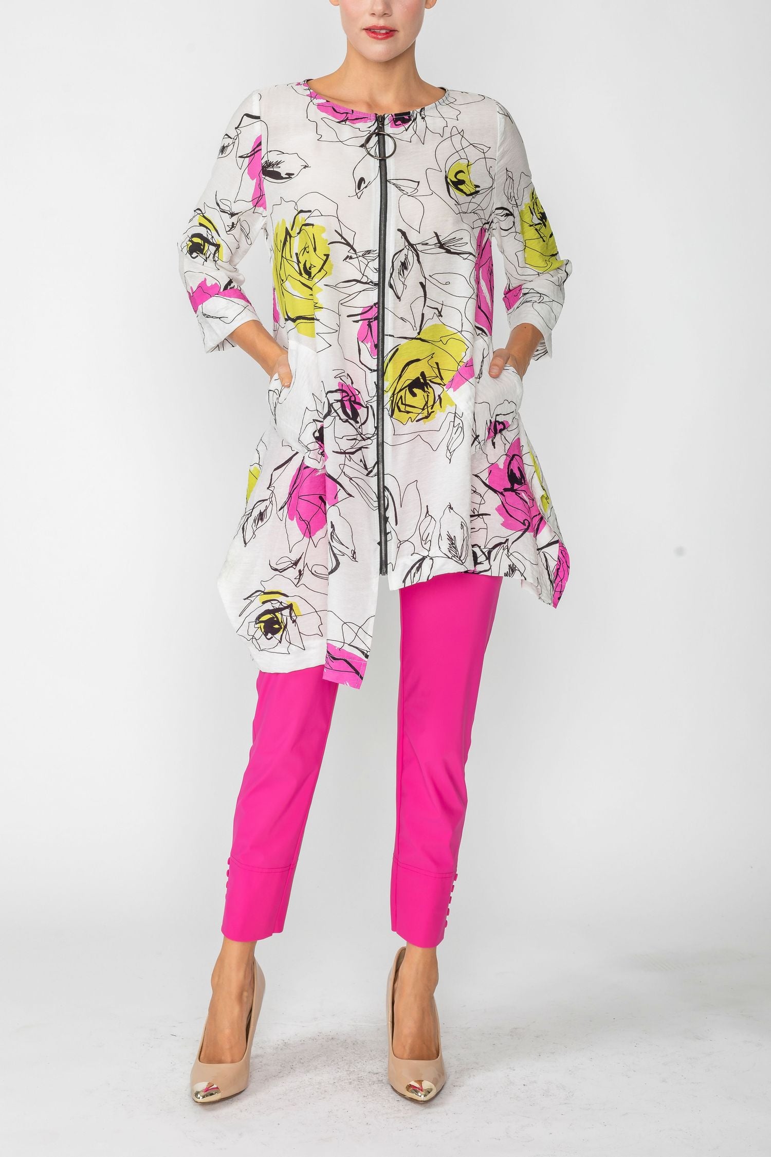 Pink Rose Print Zip-Front High-Low Tunic Top – IC Collection