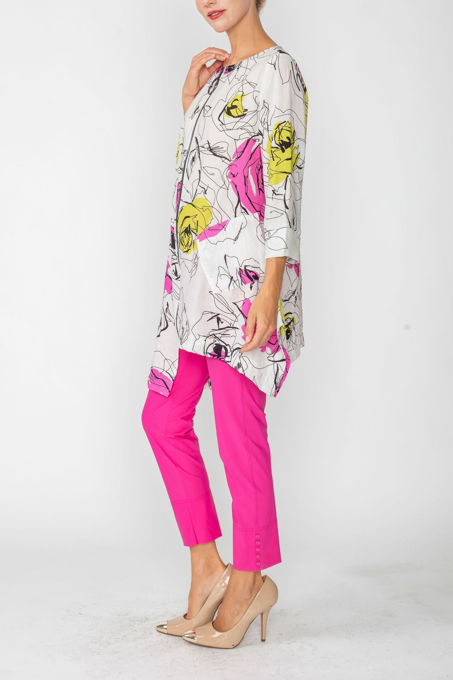 Pink Rose Print Zip-Front High-Low Tunic Top – IC Collection