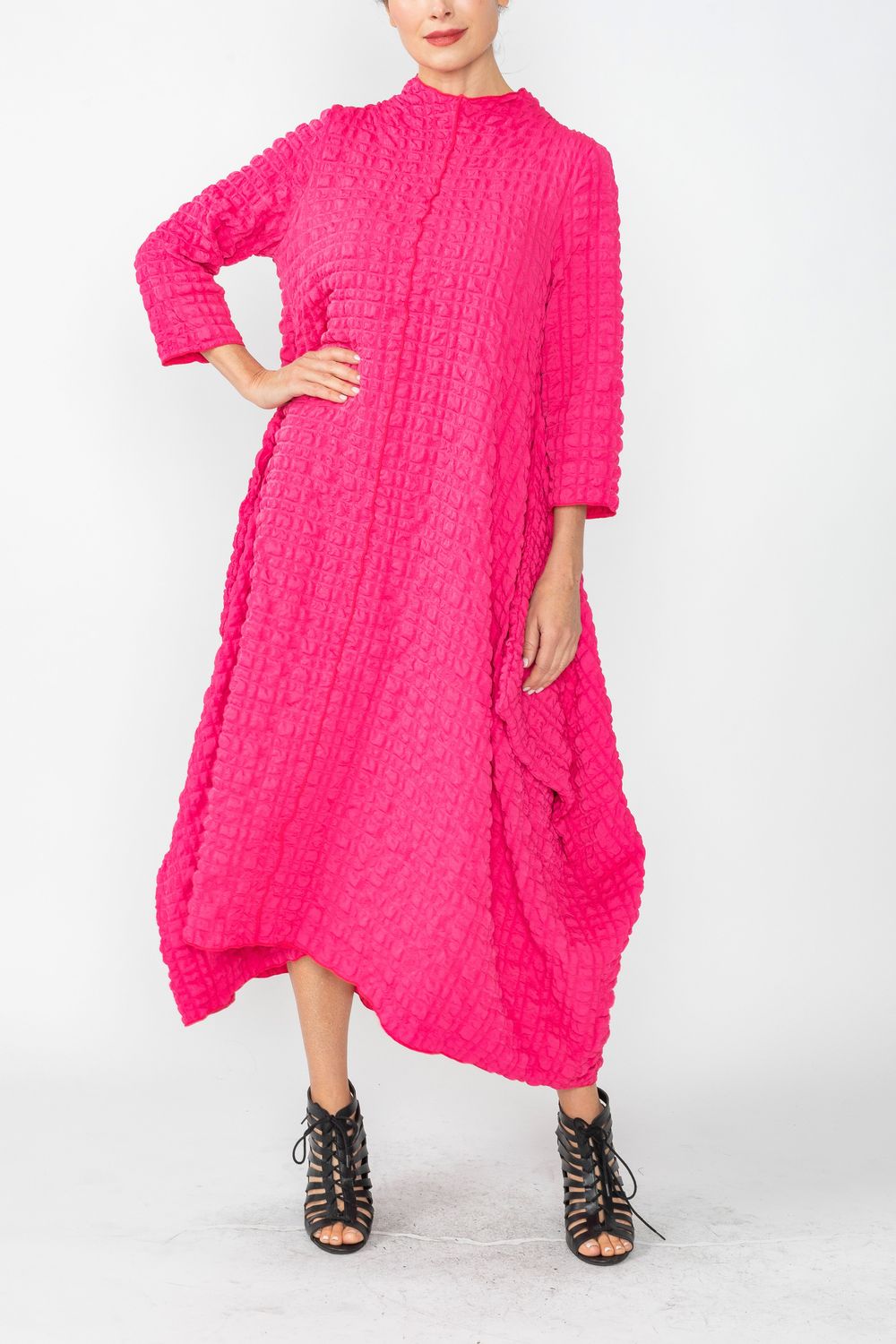 Fuchsia Long Sleeve Bubble Check Dress Fuchsia / X-Large Fuchsia Long Sleeve Bubble Check Dress Fuchsia / X-Large