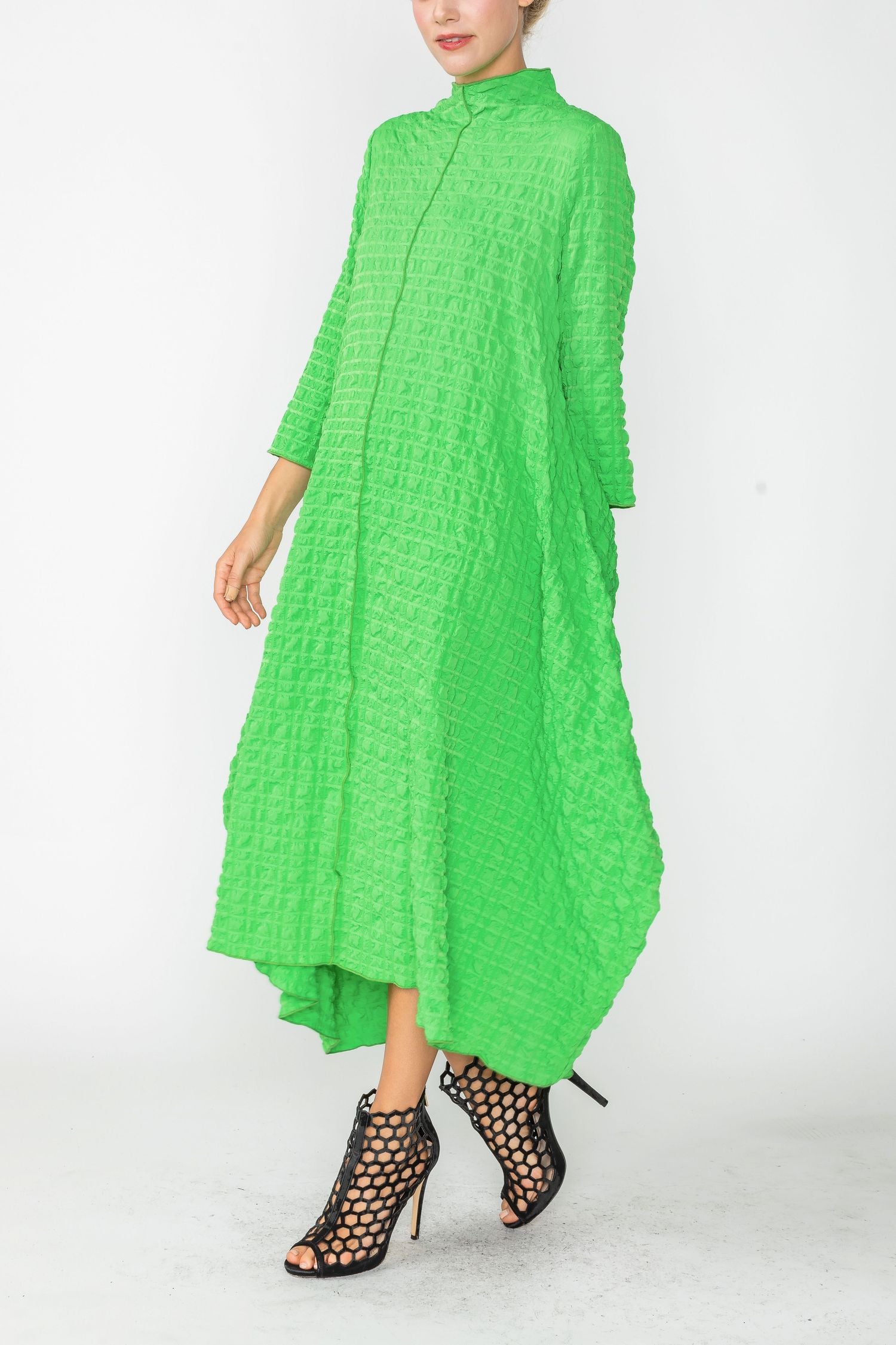 Green Long Sleeve Bubble Check Dress Green / X-Small Green Long Sleeve Bubble Check Dress Green / X-Small