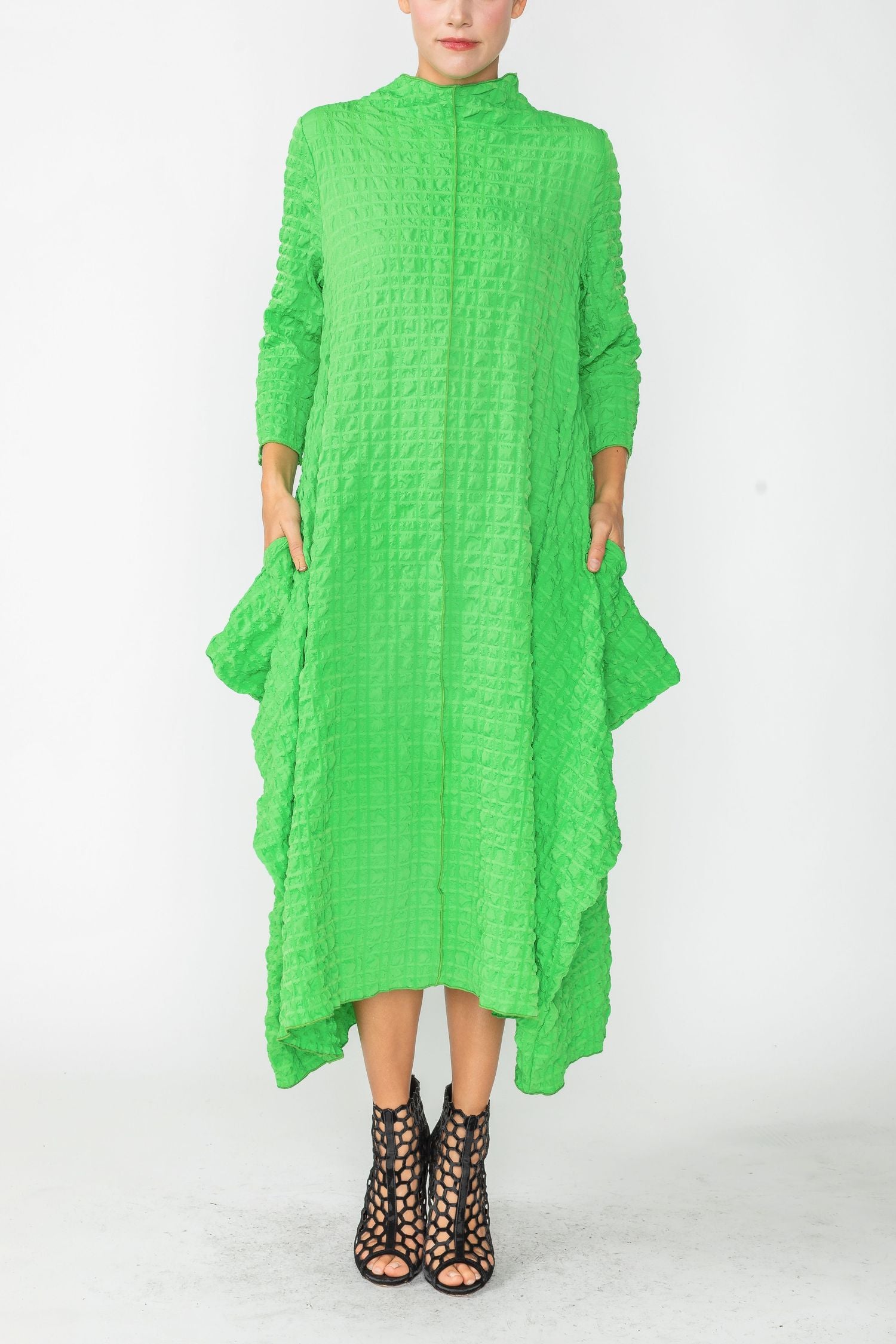 Green Long Sleeve Bubble Check Dress Green / X-Small Green Long Sleeve Bubble Check Dress Green / X-Small
