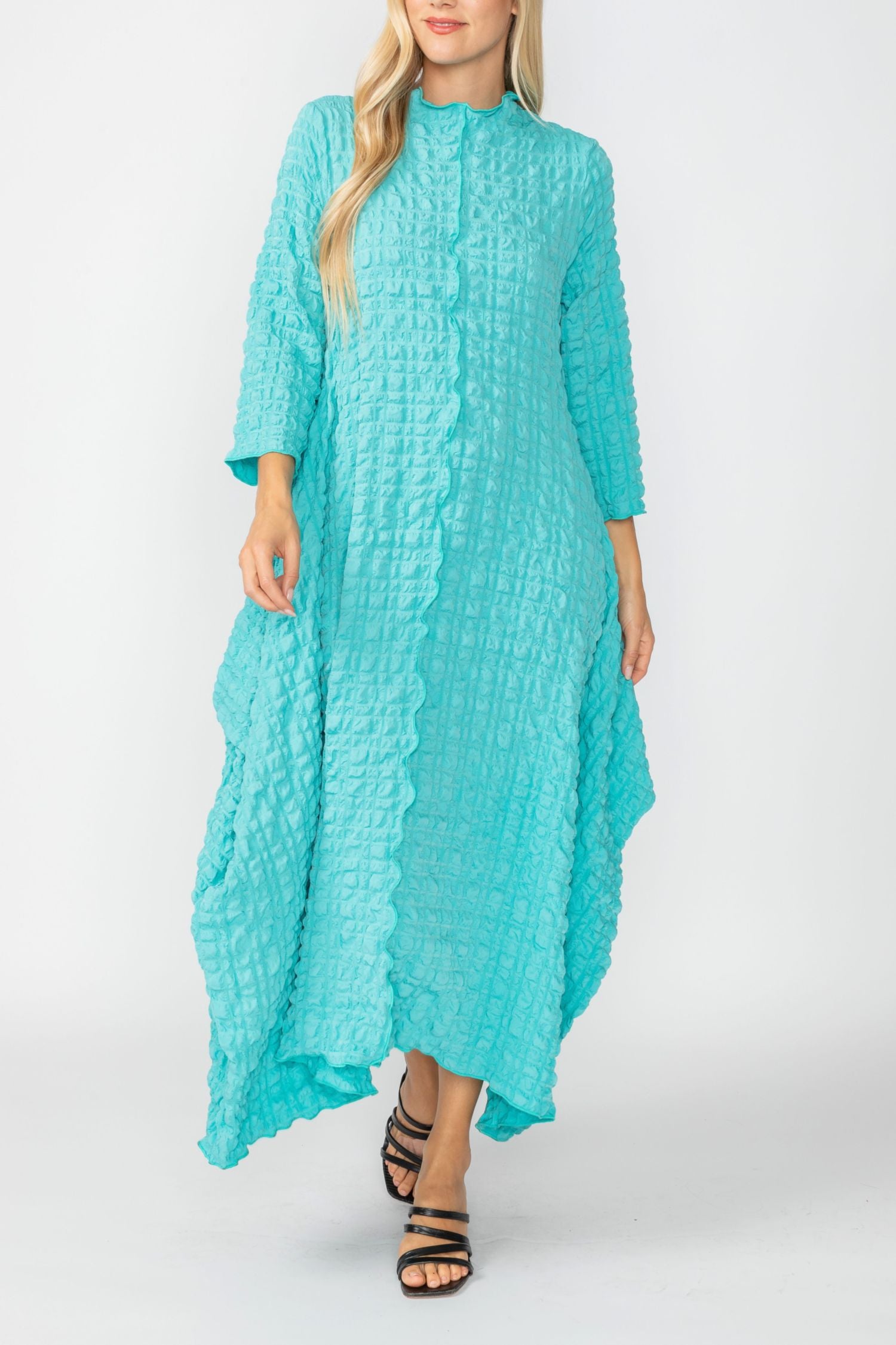 Turquoise Long Sleeve Bubble Check Dress Turquoise / Large Turquoise Long Sleeve Bubble Check Dress Turquoise / Large