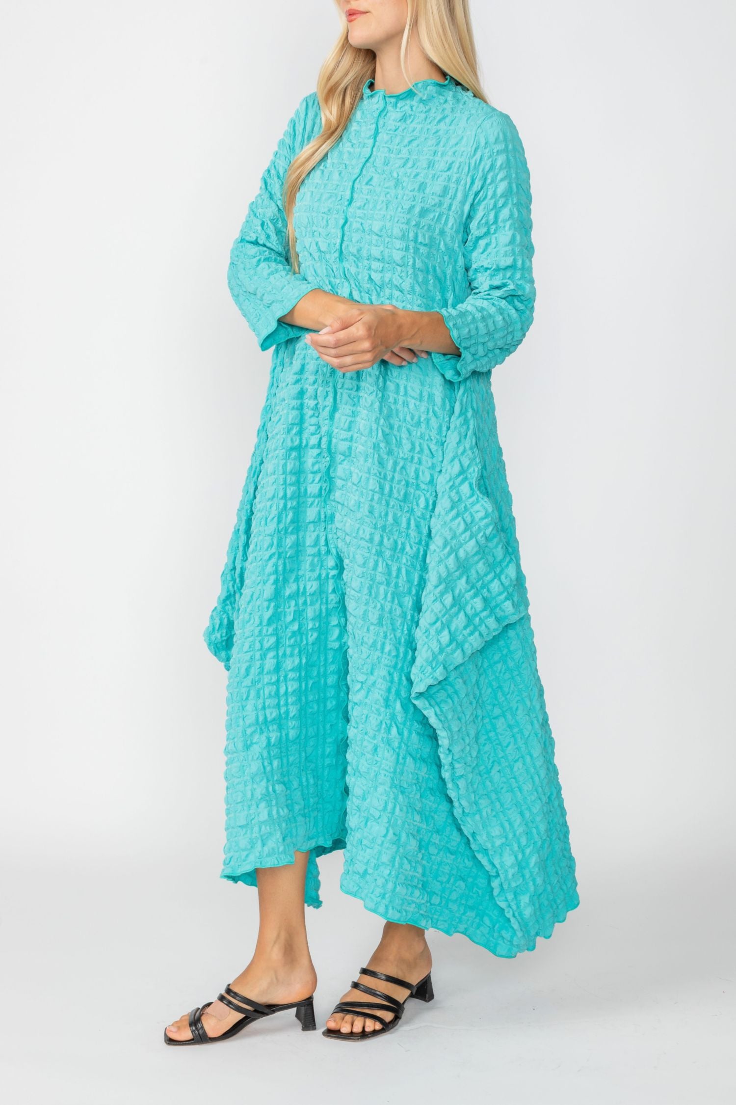 Turquoise Long Sleeve Bubble Check Dress Turquoise / Large Turquoise Long Sleeve Bubble Check Dress Turquoise / Large