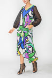 Multi V-Neck Dress W/ Mesh Sleeve
