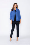 Blue Solid Jacquard Open Front Jacket