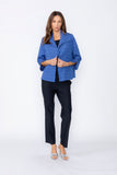Blue Solid Jacquard Open Front Jacket