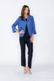 Blue Solid Jacquard Open Front Jacket