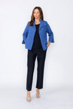 Blue Solid Jacquard Open Front Jacket
