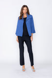 Blue Solid Jacquard Open Front Jacket