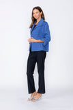 Blue Solid Jacquard Open Front Jacket