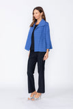 Blue Solid Jacquard Open Front Jacket