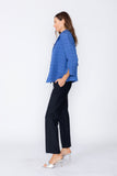 Blue Solid Jacquard Open Front Jacket