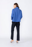 Blue Solid Jacquard Open Front Jacket