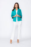 Teal Solid Jacquard Open Front Jacket