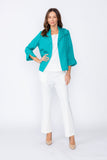 Teal Solid Jacquard Open Front Jacket