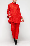Red Ruffle Stand Collar and Ruffle Cuff Top