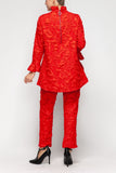 Red Ruffle Stand Collar and Ruffle Cuff Top