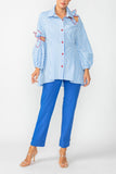 Blue One Shoulder and One Sleeve Ribbon Blouse