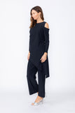Black Cold Shoulder Side Pleats Asymmetrical Top