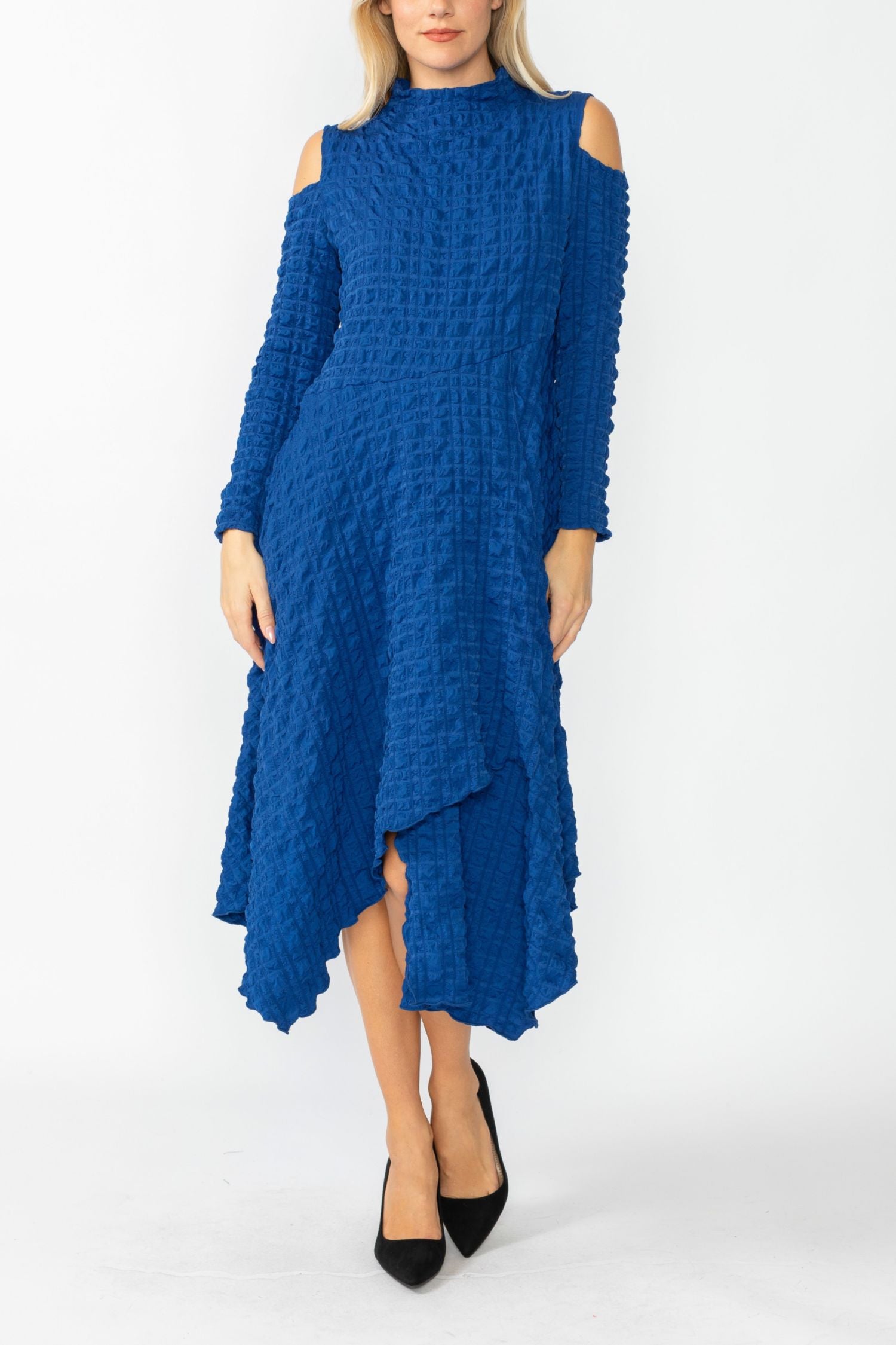 Blue Mock-Neck Cold Shoulder Asymmetrical Dress IC Collection Blue Mock-Neck Cold Shoulder Asymmetrical Dress IC Collection