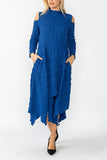 Blue Mock-Neck Cold Shoulder Asymmetrical Dress