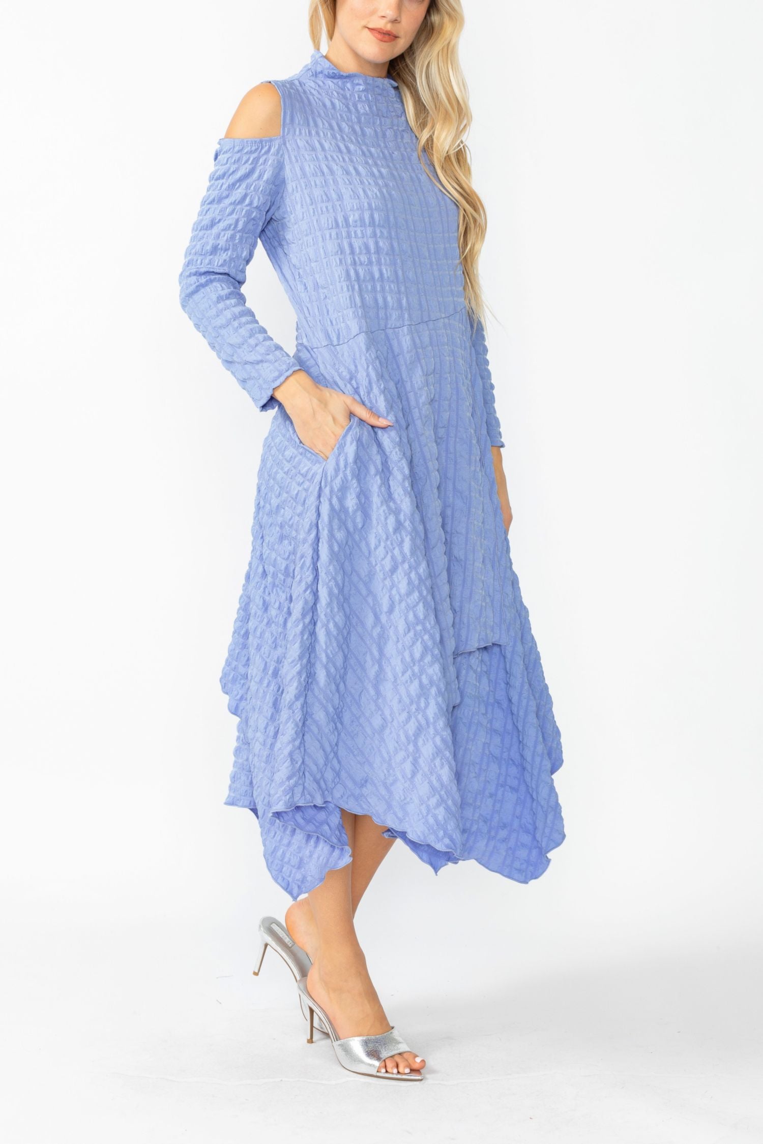 Periwinkle Mock-Neck Cold Shoulder Asymmetrical Dress Periwinkle / X-Large Periwinkle Mock-Neck Cold Shoulder Asymmetrical Dress Periwinkle / X-Large