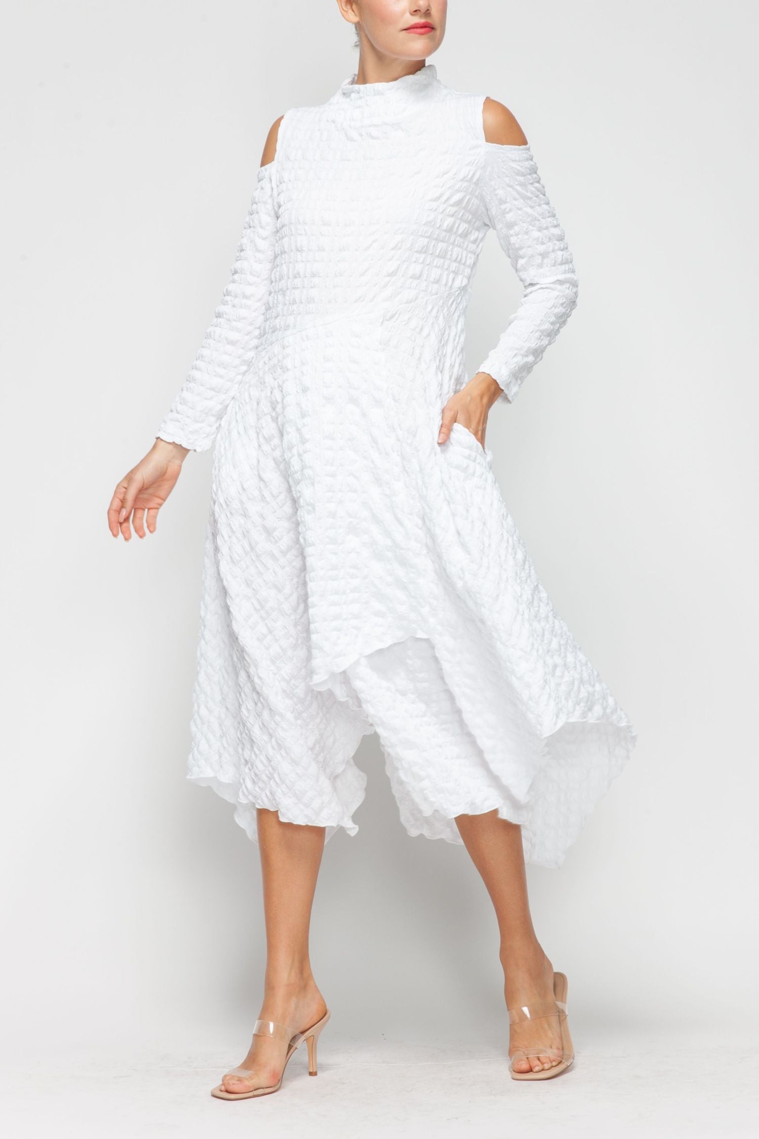 White Mock-Neck Cold Shoulder Asymmetrical Dress White / Large White Mock-Neck Cold Shoulder Asymmetrical Dress White / Large