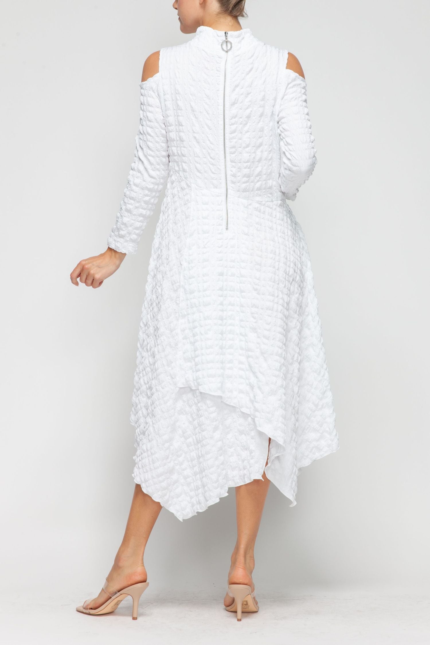 White Mock-Neck Cold Shoulder Asymmetrical Dress White / Large