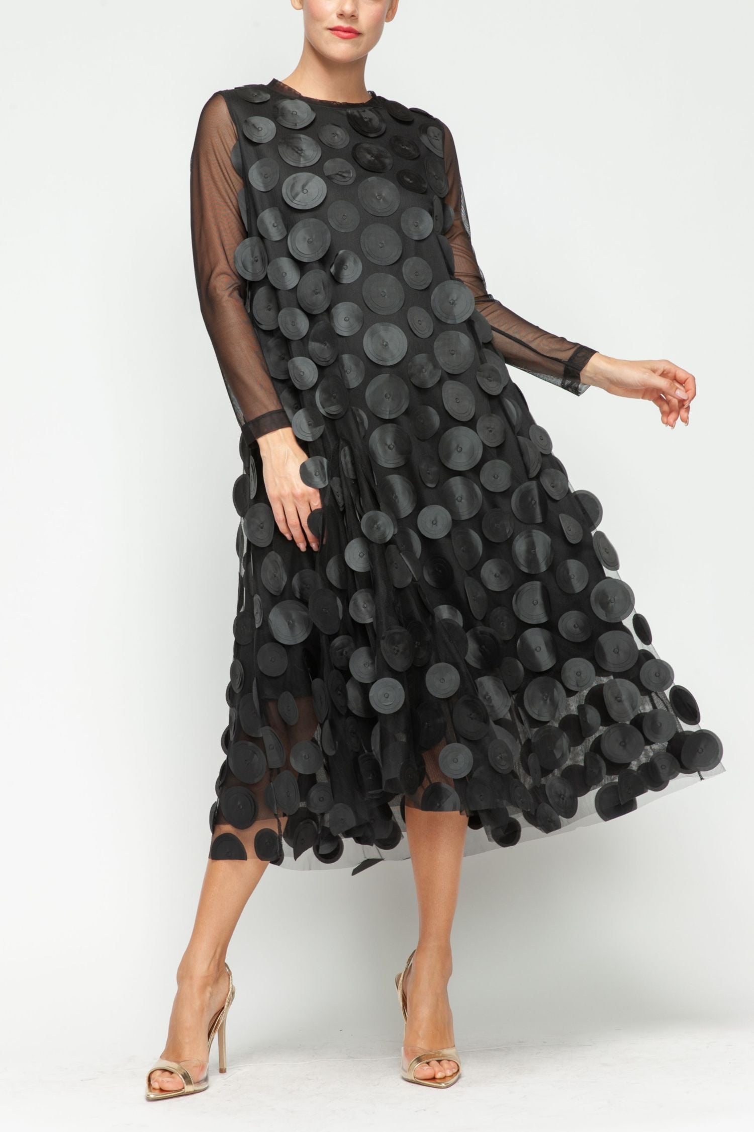 Black Mesh Sleeve and One Side Mesh Draped Ruffle Dress