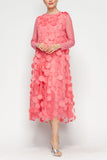 Coral Mesh Sleeve and One Side Mesh Draped Ruffle Dress