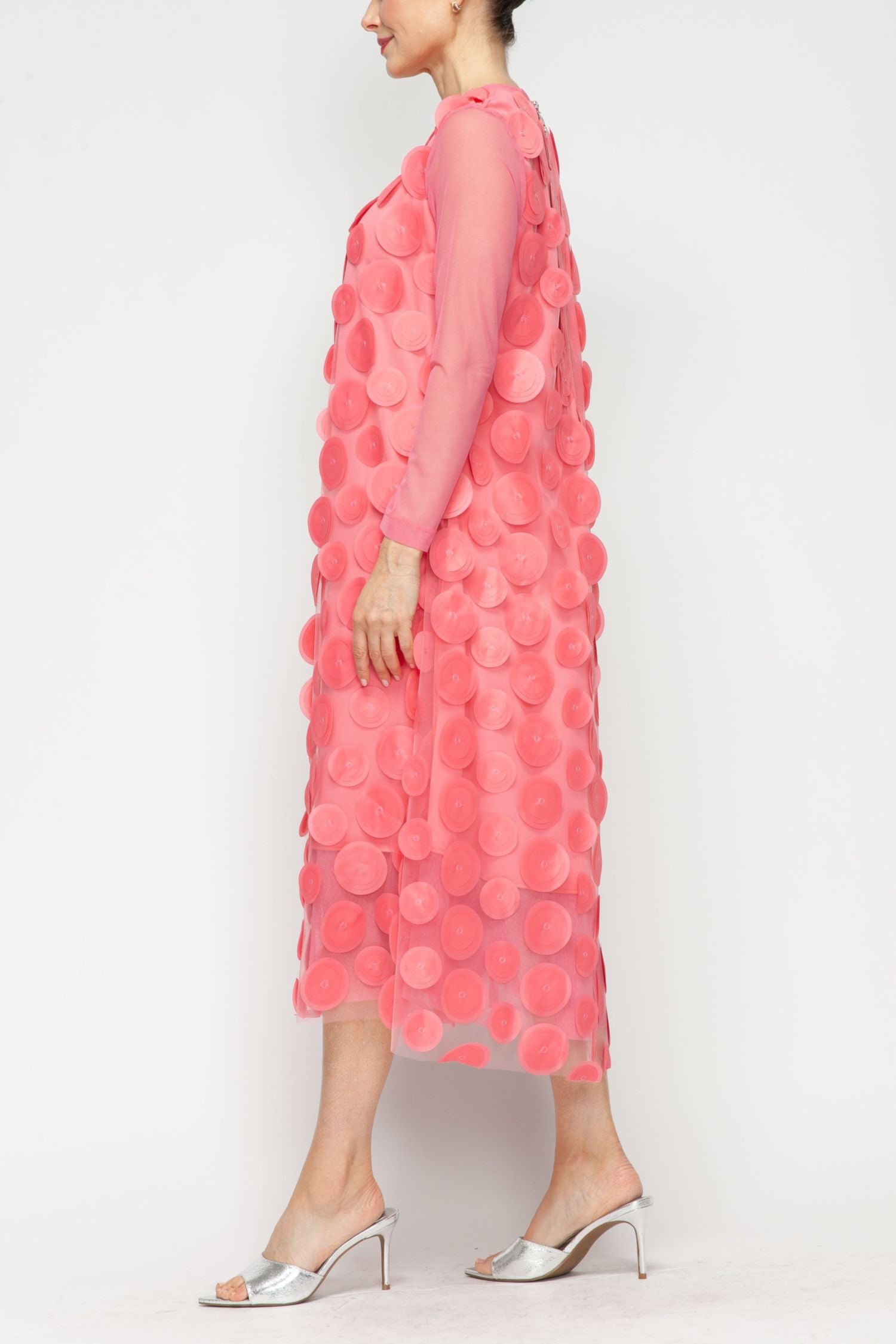 coral mesh dress Coral Mesh Sleeve and One Side Mesh Draped Ruffle Dress
