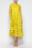 Lime Mesh Sleeve and One Side Mesh Draped Ruffle Dress