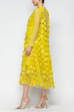 Lime Mesh Sleeve and One Side Mesh Draped Ruffle Dress