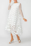White Mesh Sleeve and One Side Mesh Draped Ruffle Dress